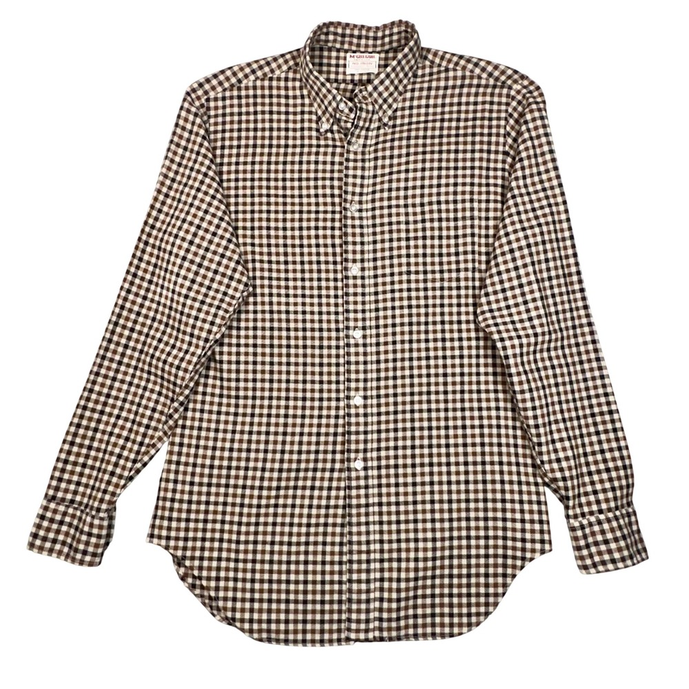 Vintage McGregor Long Fellow Shirt Mens L Brown Gingham No Iron Cotton USA 70s